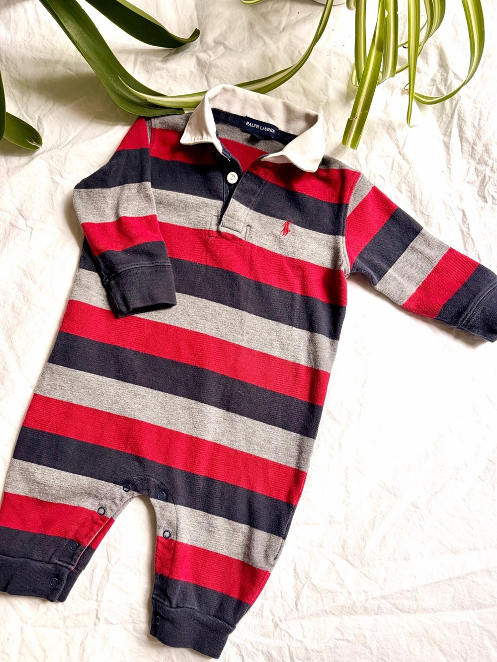 Polo by Ralph Lauren Red, Navy & Gray Striped Polo Baby One-Piece